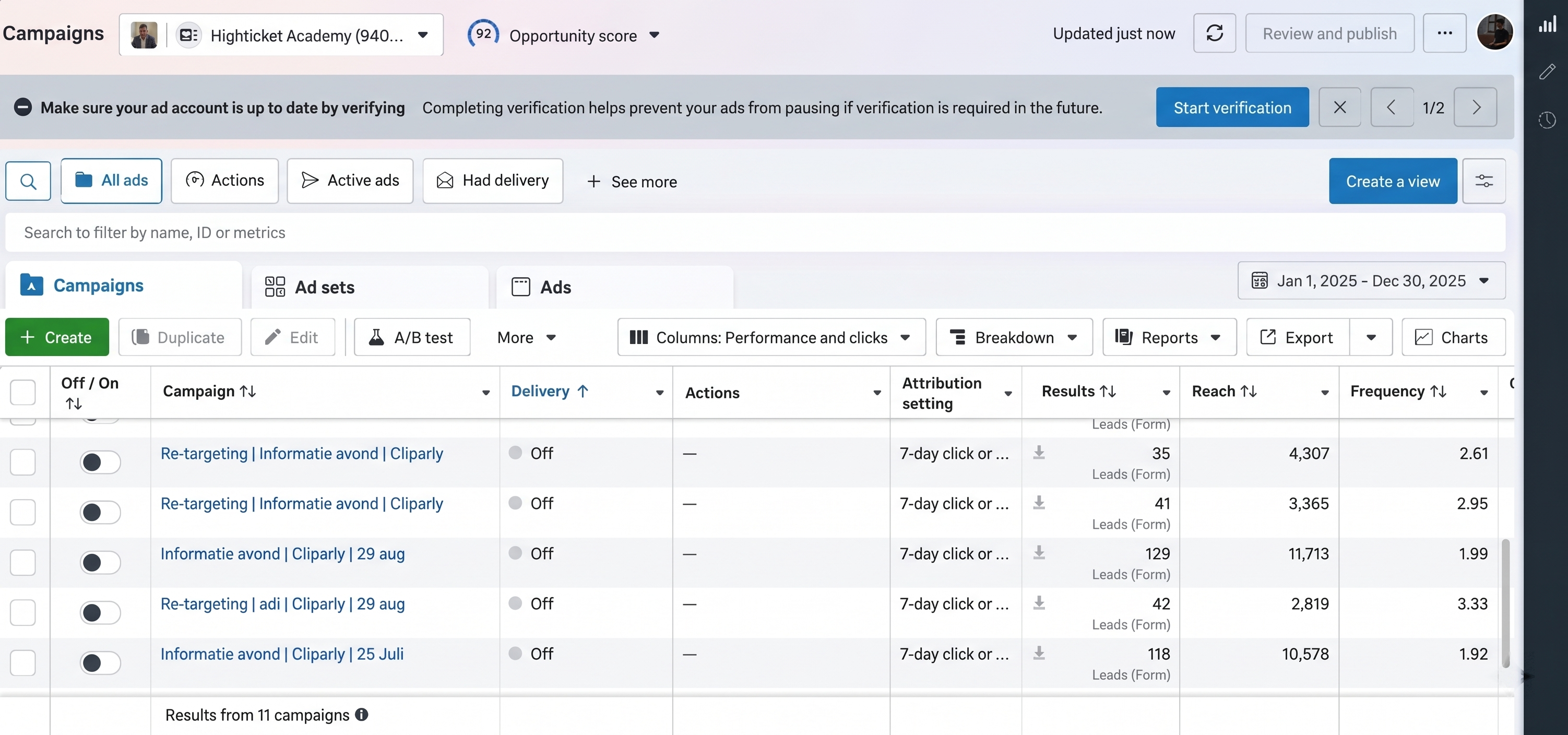 High Ticket Academy Meta Ads Manager — 11 campaigns including retargeting and lead generation