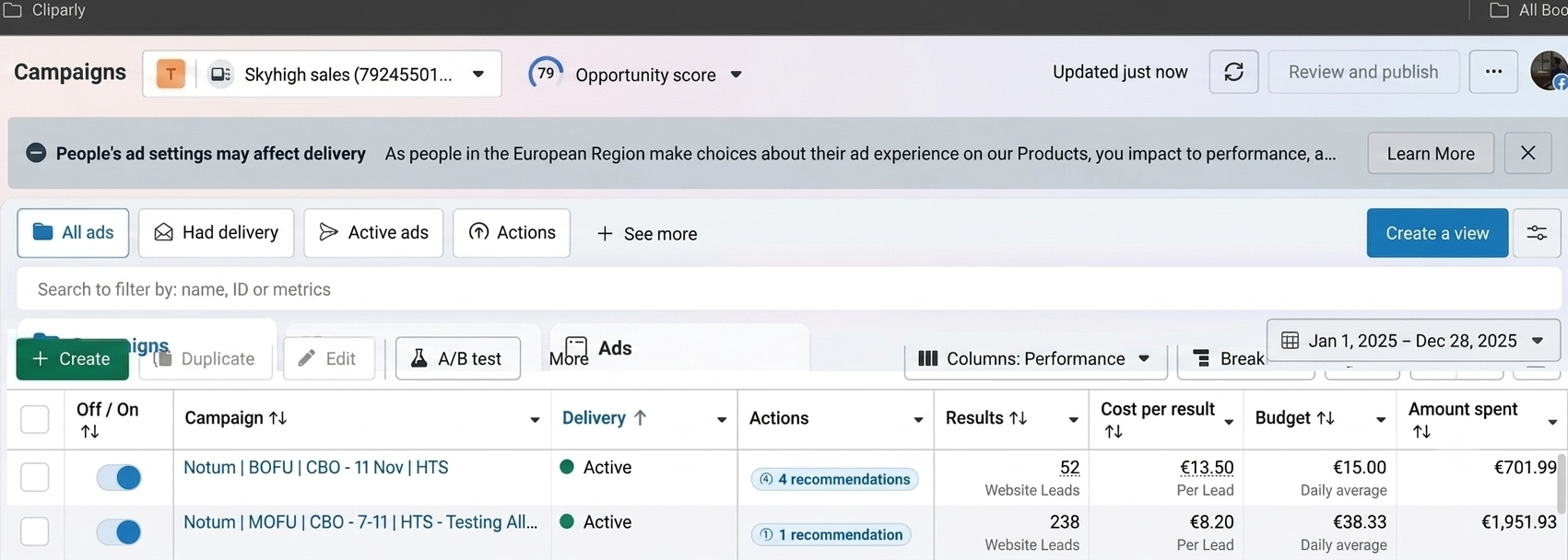 Skyhigh Sales Meta Ads Manager — MOFU campaign flagged High performing at €8.20 CPL